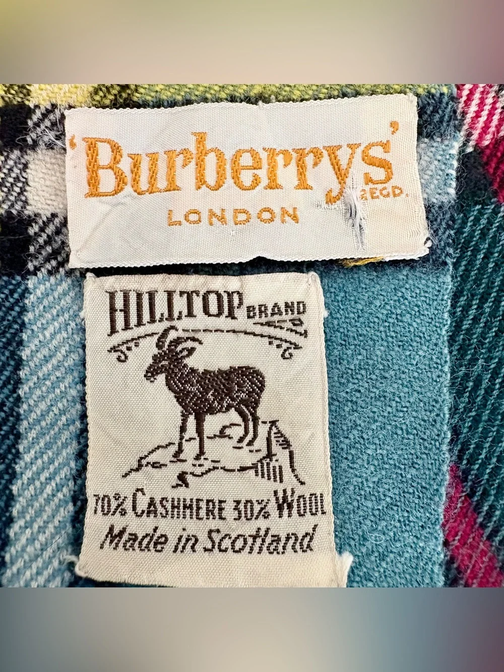 VTG Burberrys Cashmere/Wool 70/30% Blanket Throw Blue Plaid Scotland Flaws As Is
